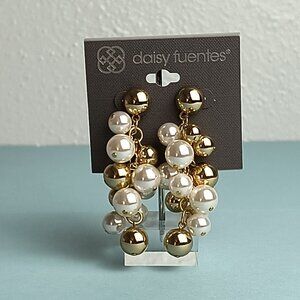 Daisy Fuentes Statement Dangle Post Earrings Faux Pearl White & Gold Tone
